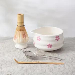 Cherry Blossom White Matcha Bowl & Whisk Set – Japanese Ceramic Matcha Kit